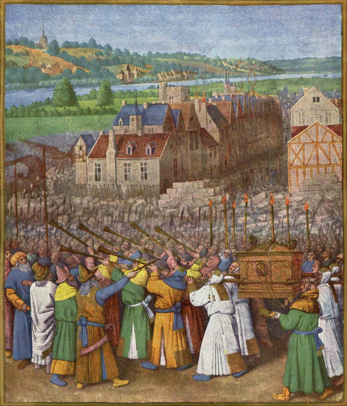 Depiction of the Battle of Jericho with Ark of the Covenant and blowing trompets by Jean Fouquet